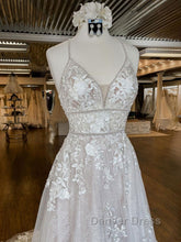 Unique v neck tulle lace long prom Dresses, lace wedding Dresses